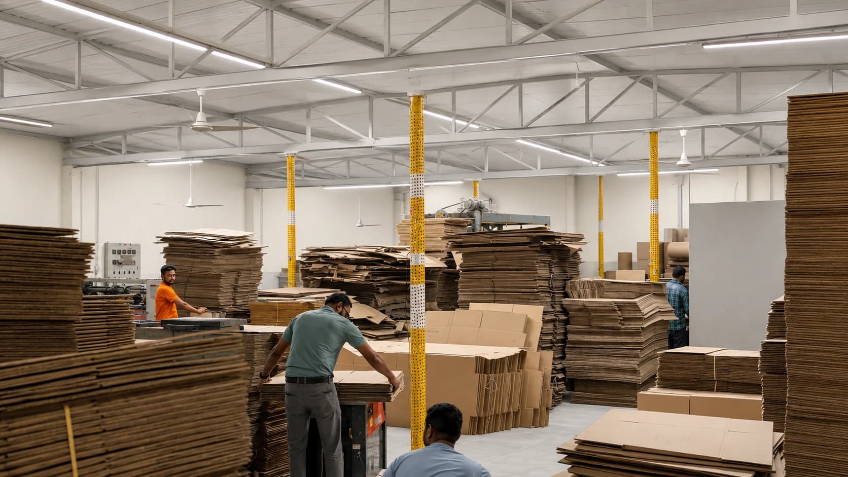 Corrugation floor at the Ashulia facility, stacks of cut board and the team working