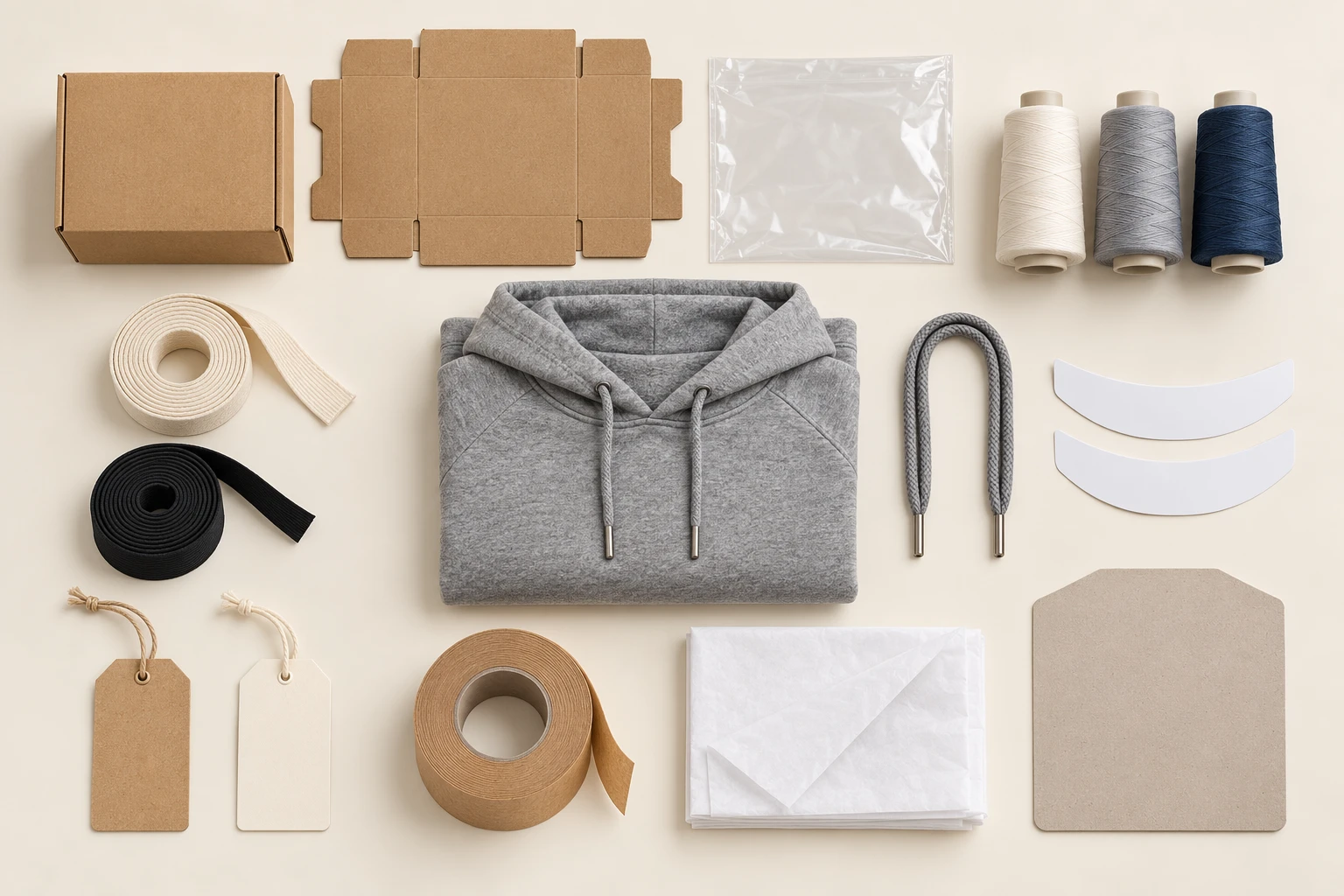 Top-down studio arrangement of a grey garment surrounded by a carton and carton blank, clear poly bag, three thread cones, twill tape, elastic, drawstring, collar inserts, hang tags, gum tape, tissue and a back board